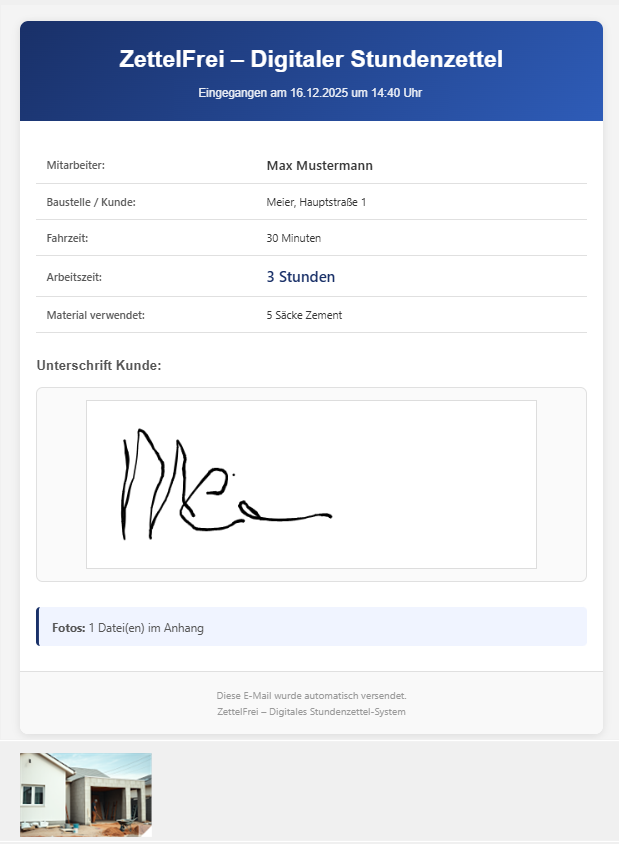 Beispiel: E-Mail an Verwaltung mit Stundenzettel-Daten